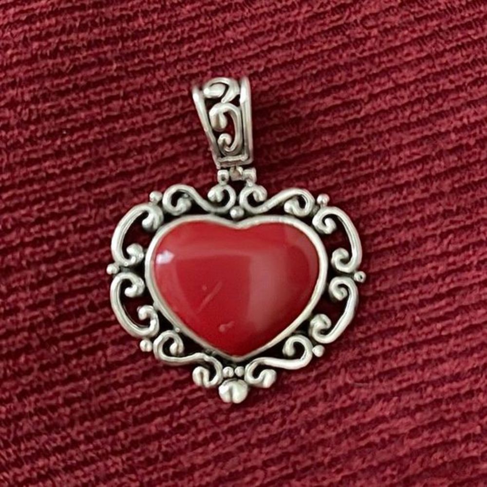 Antique‎ Red Enamel Cabochon Handmade Heart 925 Silver Scrollwork Pendant OOAK